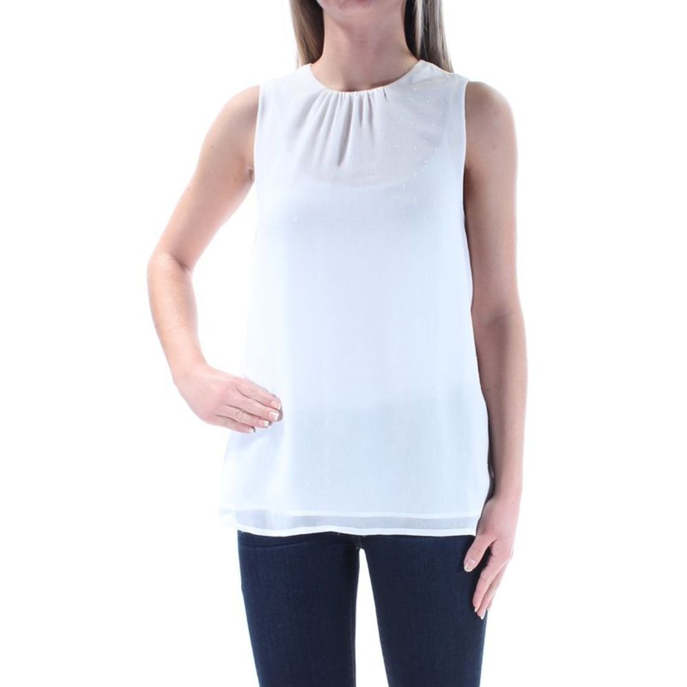 CATHERINE Womens White Glitter Sleeveless Jewel Neck Top Size: XS